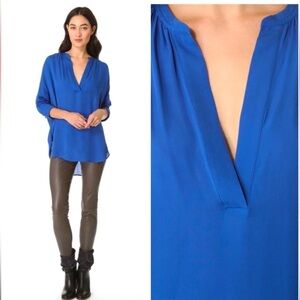 VINCE Half Placket Popover Blouse 100% Silk Royal Blue